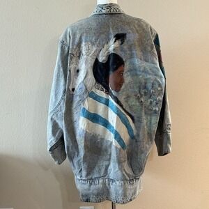 Vintage‎ 80s Apache USA Hand Painted Native American Horse Denim Duster Signed